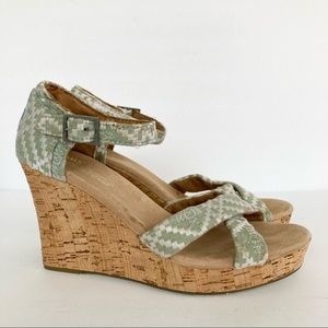 TOMS sage green white aztec cork sandals platform wedges strap